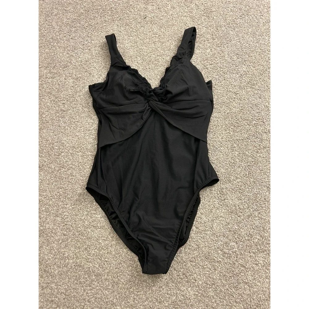 Lands End Swimsuit One Piece Womens 12 Black Excellent Twist Front Drape V-Neck